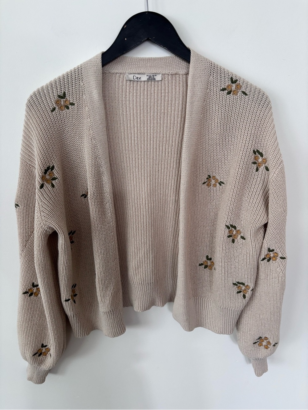 Dex Beige Floral Embroidered Open Cardigan Sweater Sz XS